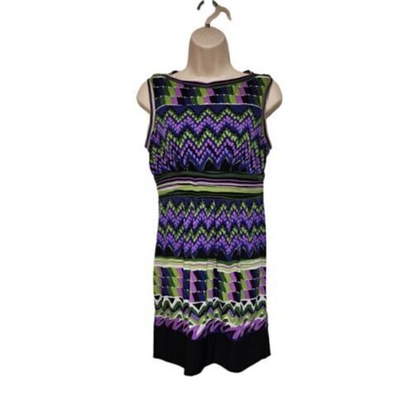Sandra Darren Sheath Dress 8P Green Geometric Lined Polyester Knee Length - Picture 1 of 7